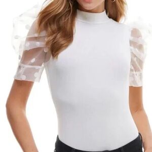 TCEC White Bodysuit with Sheer Polka Dot Sleeves